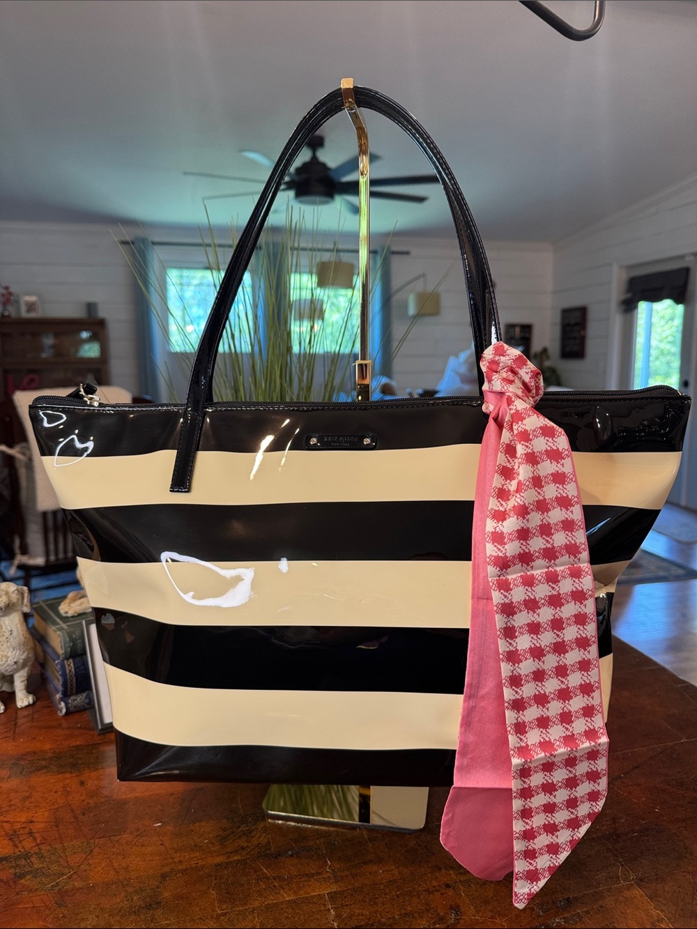 kate spade Black and Cream Patent Stripe Tote with Pink Scarf